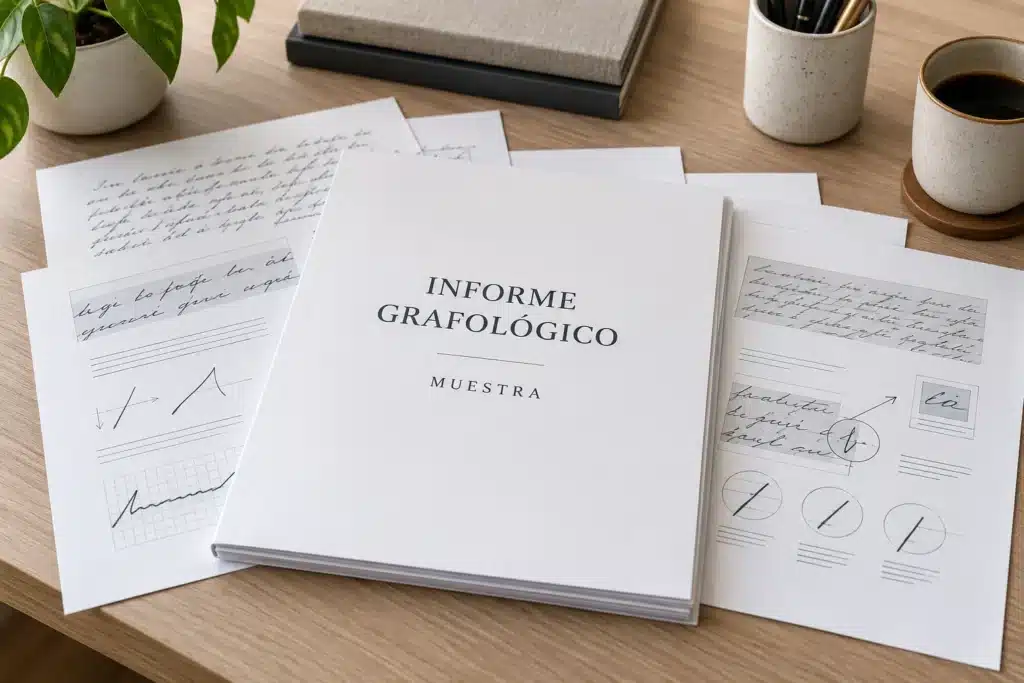 Ilustración de un informe grafológico de muestra sobre una mesa de trabajo