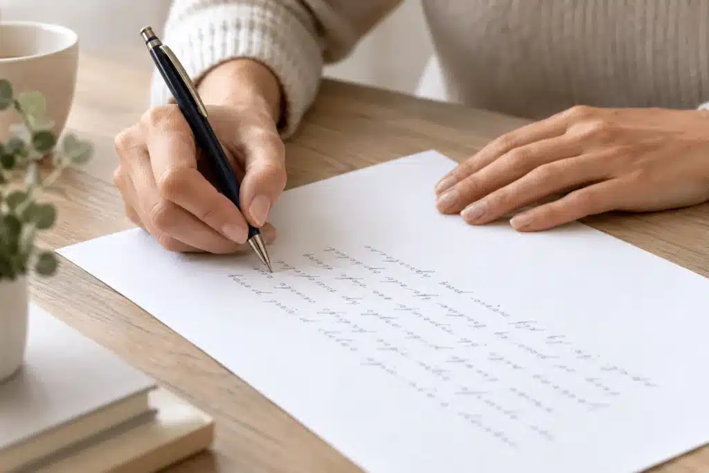 Manos escribiendo a mano un texto en cursiva sobre papel blanco