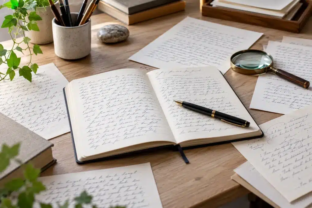 Mesa de trabajo con cuadernos y documentos escritos a mano y una lupa